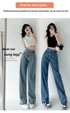 Design Sensibility High-Waisted Slimming Jeans Loose-Fit Straight-Leg Women's Korean Style Tie-Detail Wide-Leg Casual Trousers
