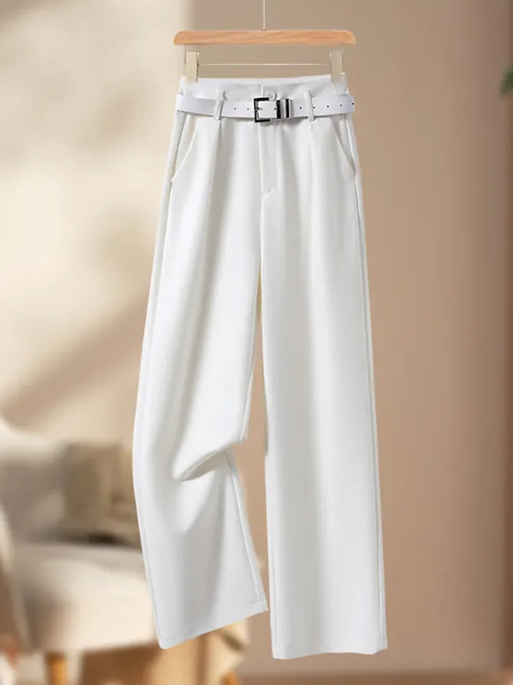 Female Formal Straight Suit Pants Women Office High Waist Wide Leg Pantalones With Belt Spring Fall Korean Casual Loose Calca