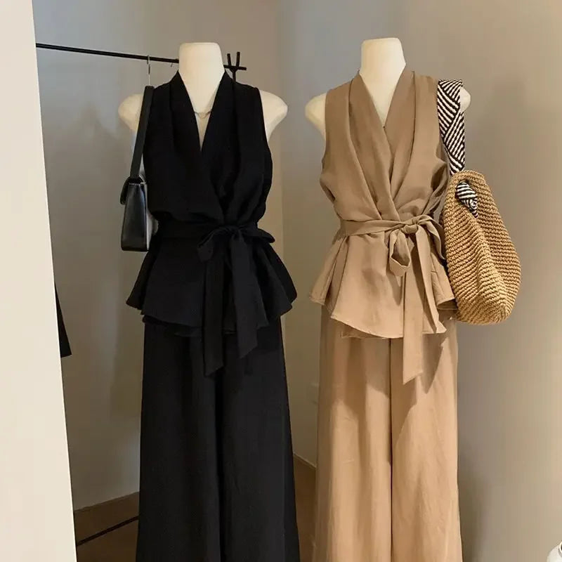 Irregular V-neck Cross Halter Vest Wide-leg Trousers for Women Summer New Suit