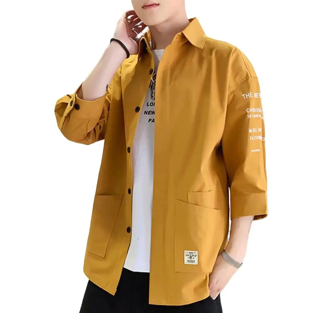 Japanese Style Men Cargo Shirt Half Sleeve Single-breasted Shirt Vintage Logo Label Decor Men Jacket Casual Loose Cardigan Shirt