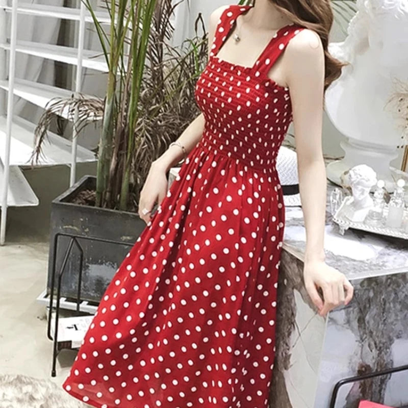 Women Summer Sleeveless Dot Dress Sexy Backless A-Line Spaghetti Strap Beach Style Dresses Camisole Off-Shoulder Folds Vestidos