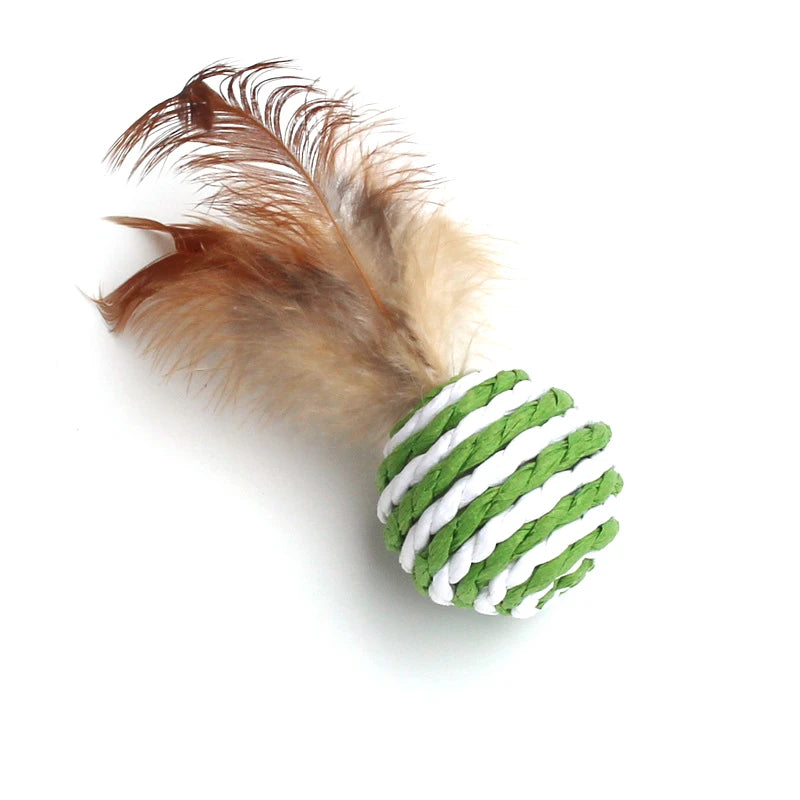 4Pieces Colorful Sisal Interactive Ball Cat Toy Pet Supplies Feather Cat Training Catcher Cat Accessories Random Color Toy Ball