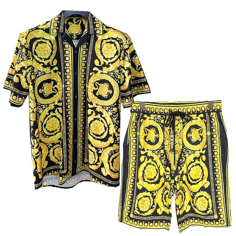 Royal luxury digital printed men's set fashion two-piece shorts set high-quality summer short sleeved shirt Allen Sen Trendy Clo