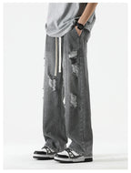 Men's Summer Ripped Jeans Loose Straight Leg Retro Men Draw Rope Port Fashion Brand All-match Casual Pants