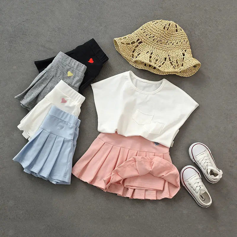 Girls Skirts Jk Pleated Skirt Candy Color Embroidery Love Solid Color Simple Casual Loungewear Outfit Children's Clothes