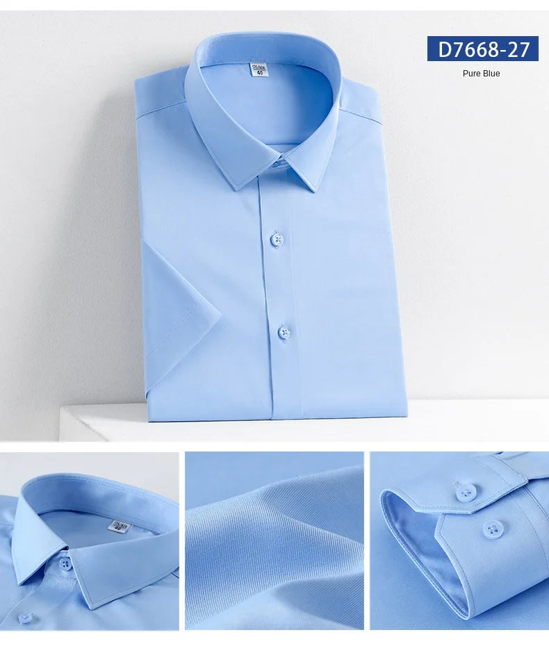 2023 Summer Short Sleeve High Density Silky Material Solid  Elastic Business Men Dress Shirts No Pocket Stretch Clothes