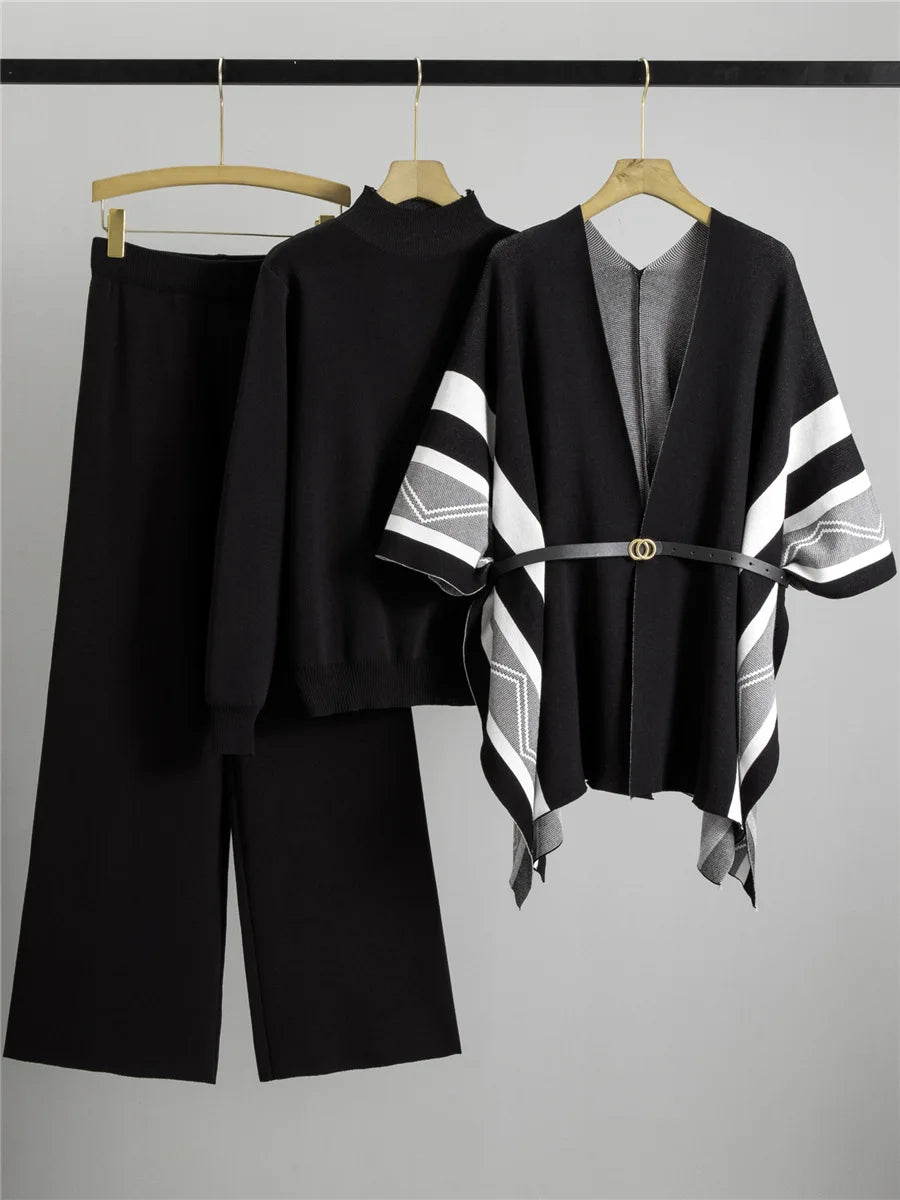 Korean Elegant Knitted 3 Piece Sets Women Sweater Pullover+chic Design Shawl Tops Conjuntos High Waist Wide Leg Pants Outfit New