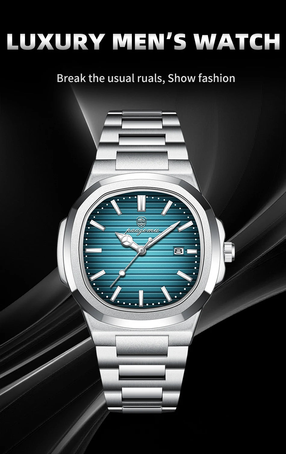PENGAGAR Trend Men's Watches Classic Fashion Original Quartz Watch for Man Square Dial Waterproof Luminous Date Wristwatch Reloj