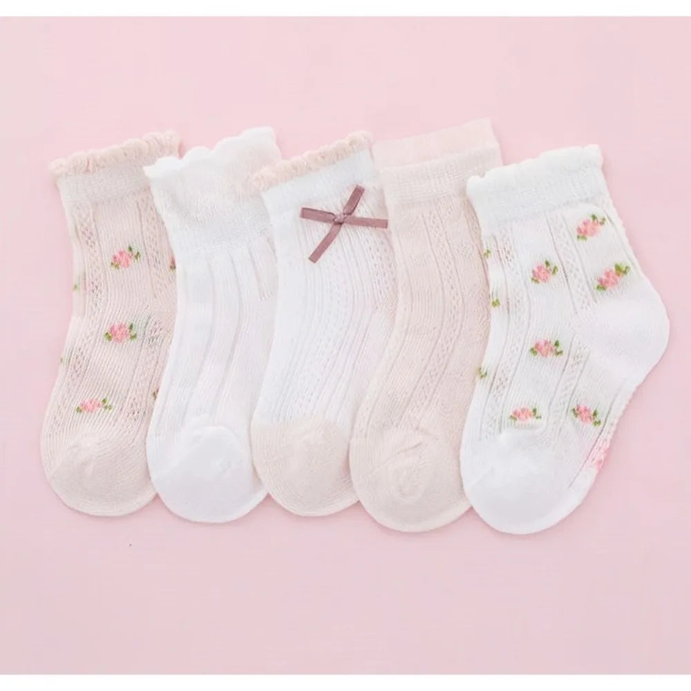 5 pairs of girls' summer thin socks, children's lace butterfly breathable mesh socks