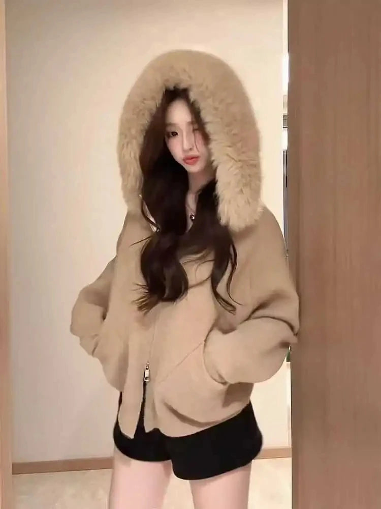 Cardigan Womens Y2k Spring Autumn Loose Hooded Knitted Coat Pure Color Casual Coats Offce Lady Streetwear Winter Clothing