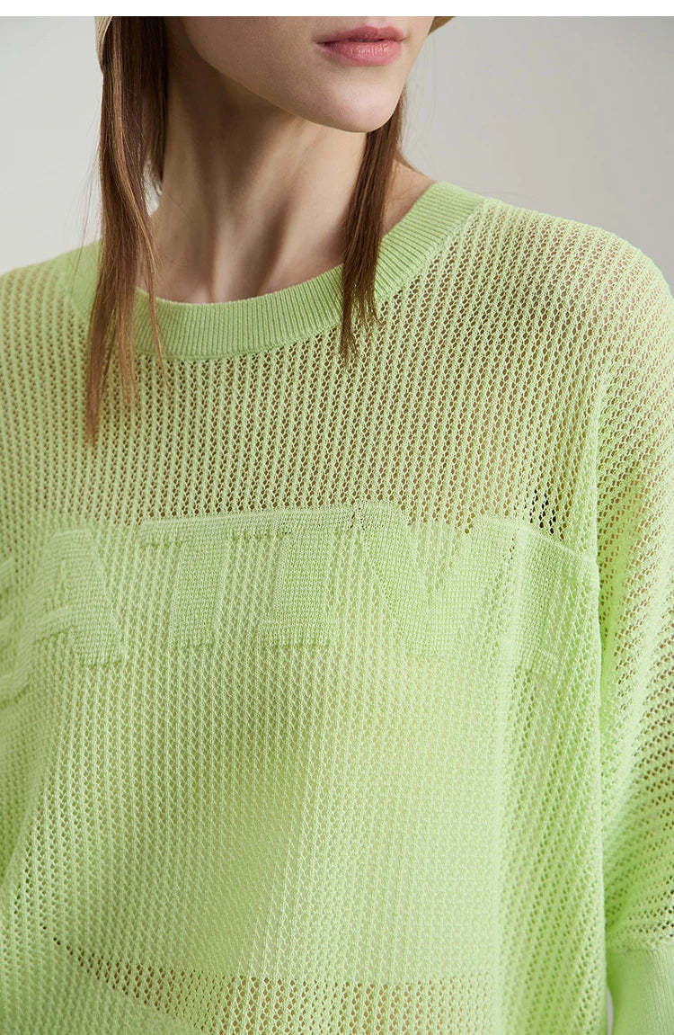 Amii Minimalist Women's Hollowed-out Knitted Pullover 2025 Summer New Half-sleeve Crew Neck Loose Blouse Thin Solid Top 12542139