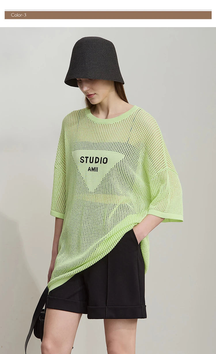 Amii Minimalist Women's Knitted Pullovers 2025 Summer Crew Neck Short-sleeved Casual Mid Long Loose Letter Jacquard Top 12542048