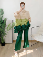 Miyake Diamond Pleated Two Piece Set Women Winter Outfits Elegant Causal Batwing Long Sleeve Three Colour Tos Straight Pants