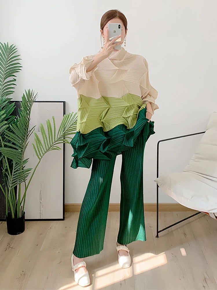 Miyake Diamond Pleated Two Piece Set Women Winter Outfits Elegant Causal Batwing Long Sleeve Three Colour Tos Straight Pants
