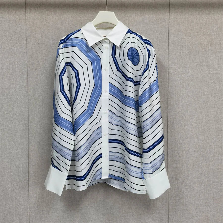 Elegant 2025 Summer Women's Geometric Print Contrasting Collar Shirt+Shorts+Long Sleeved Shirt+Pleated Skirt Set