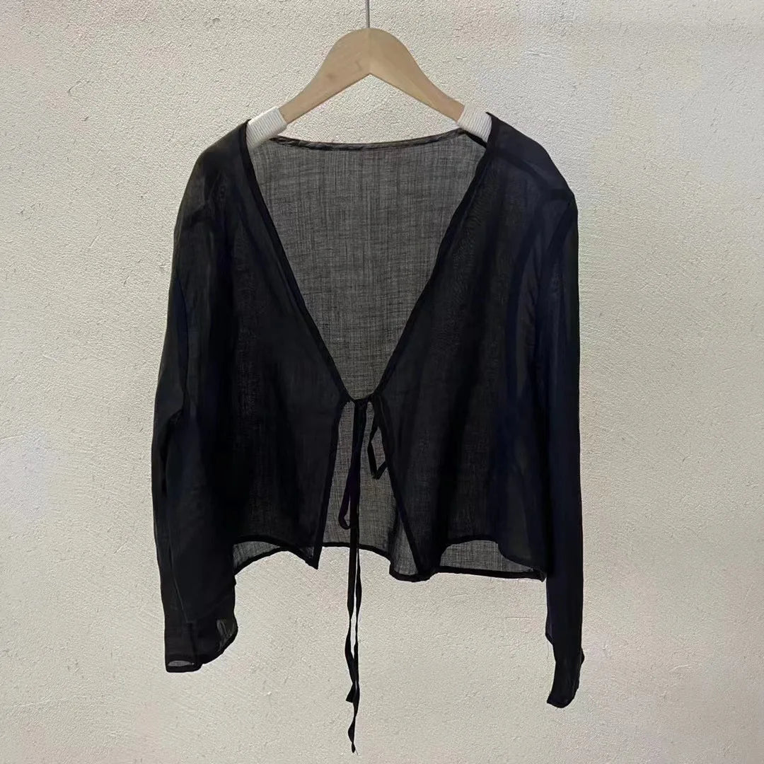 Johnature Original Vintage Chinese Style Linen Frenulum Shirt 2024 Summer Woman New V-Neck Long Sleeves Design Casual Shirt