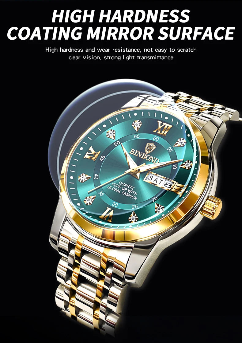 2025 Quartz Watch for Men Luxury Diamonds Gold Watch Waterproof Luminous Stainless Steel Business Men's Quartz Watch Mens Watch