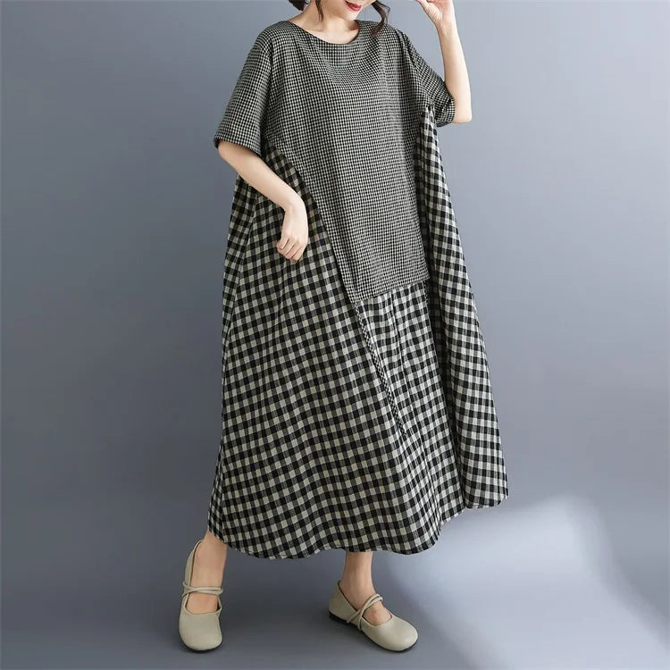 Short sleeve oversized vintage plaid patchwork new in dresses for women casual loose long summer dress elegant clothing 2025
