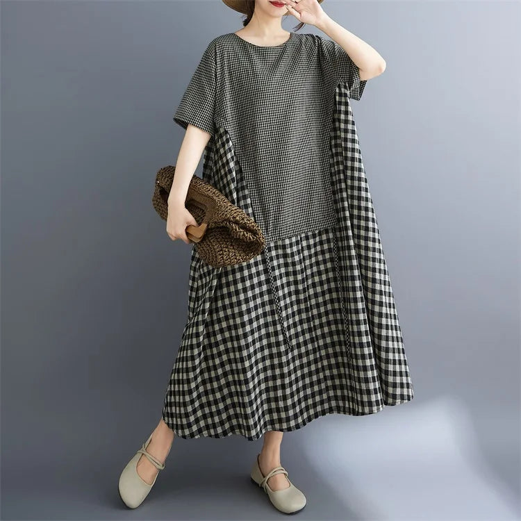 Short sleeve oversized vintage plaid patchwork new in dresses for women casual loose long summer dress elegant clothing 2025