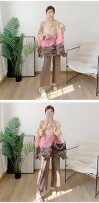 Miyake Diamond Pleated Two Piece Set Women Winter Outfits Elegant Causal Batwing Long Sleeve Three Colour Tos Straight Pants