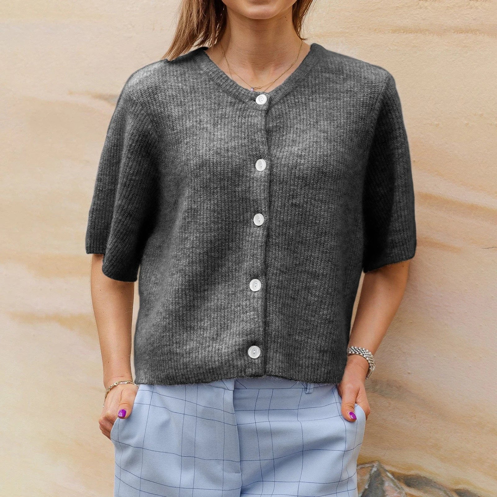 2000s Sweaters y2k Clothes Women Solid Color Round Neck Single Breasted Short Sleeve Cardigan Tops Fashion Streetwear