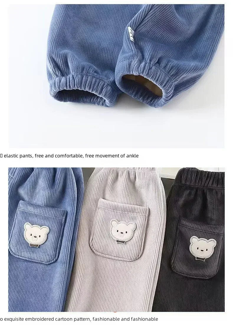 Autumn/winter Children's Fleece-lined Corduroy Pants Stylish Embroidery Casual Warm Trousers For Boys Girls