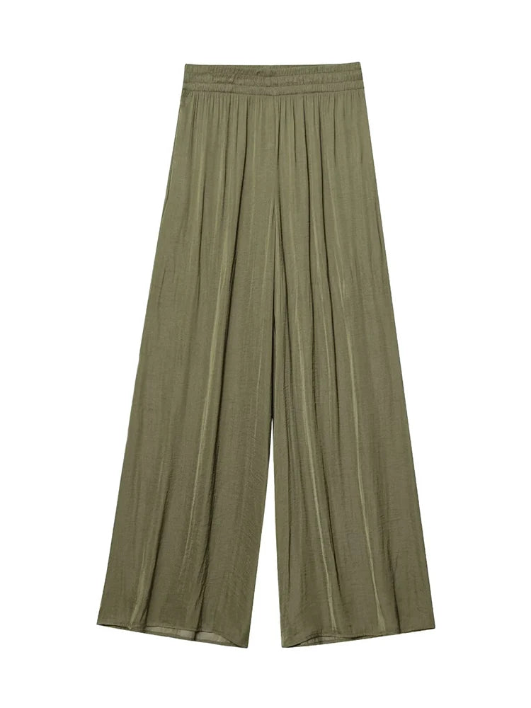 TFMLN New Women's High Waist Wide Leg Pants Fashion Elastic Waist Long Straight Trousers Lady Casual Solid Pocket Pants Summer
