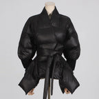 TWOTWINSTYLE Solid Temperament Spliced Lace Up Coat for Women V Neck Long Sleeves Tunic Warm Cotton Coats Female Clothing New