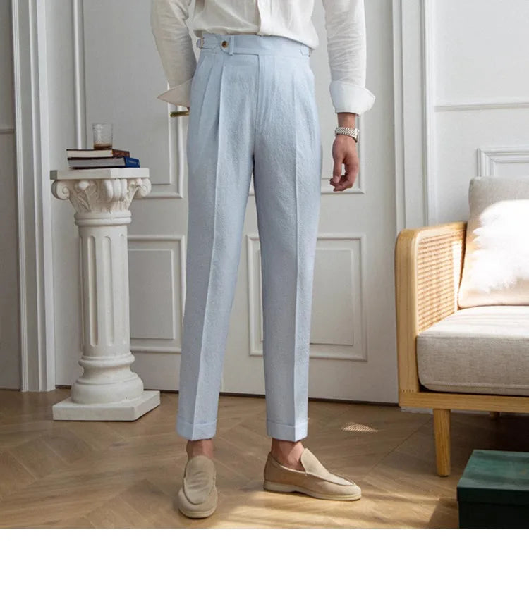 High-end Striped Men's Suit Pants Spring Summer Thin Italian Straight Casual Trousers Blue Paris Buckle Business Trousers