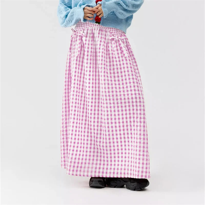 Women Y2K Bow Plaid Maxi Skirt High Waist Gingham Tiered Long Skirt Vintage A-Line Ruffle Flowy Midi Skirt Party Clubwear