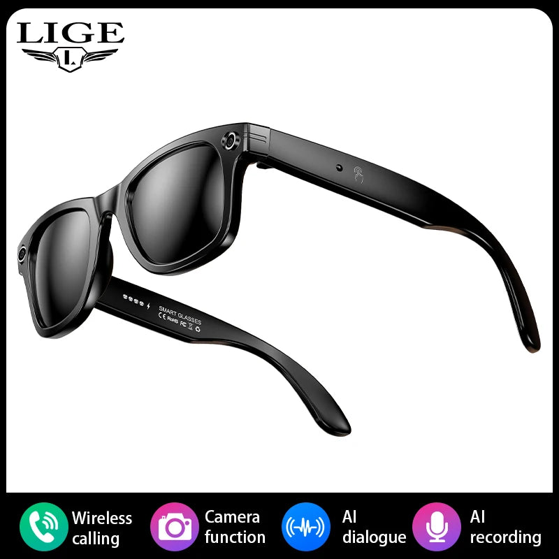 LIGE AI Smart Glasses 720P Camera Video Recorder Bluetooth Call 260mAh Battery Voice Assistant Control Sunglasses For Men Women