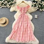 SINGREINY Chic Embroidery Hollow Out Dress Ruffles Splice Off Shoulder Elastic Ruched Slim 2025 Solid Gentle Vacation Long Dress