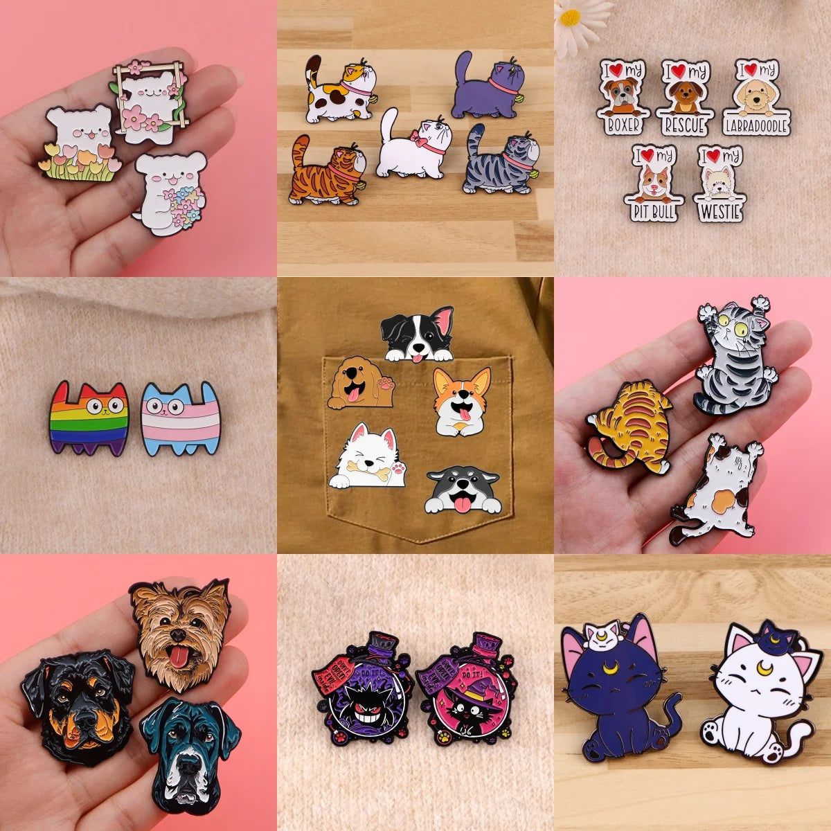2-10pcs/set Funny Animals Series Enamel Pin Cartoon Cats Dogs Brooch Set Lapel Pins Badge on Backpack Clothing Accessories Gifts