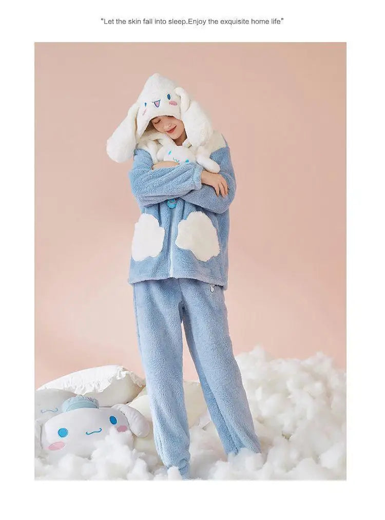 Cinnamoroll Women's Plush Pajamas Suit Sanrioed Kawaii Autumn Winter Hooded Home Clothes Cute Girl Thickened Cute Cartoon Sweet