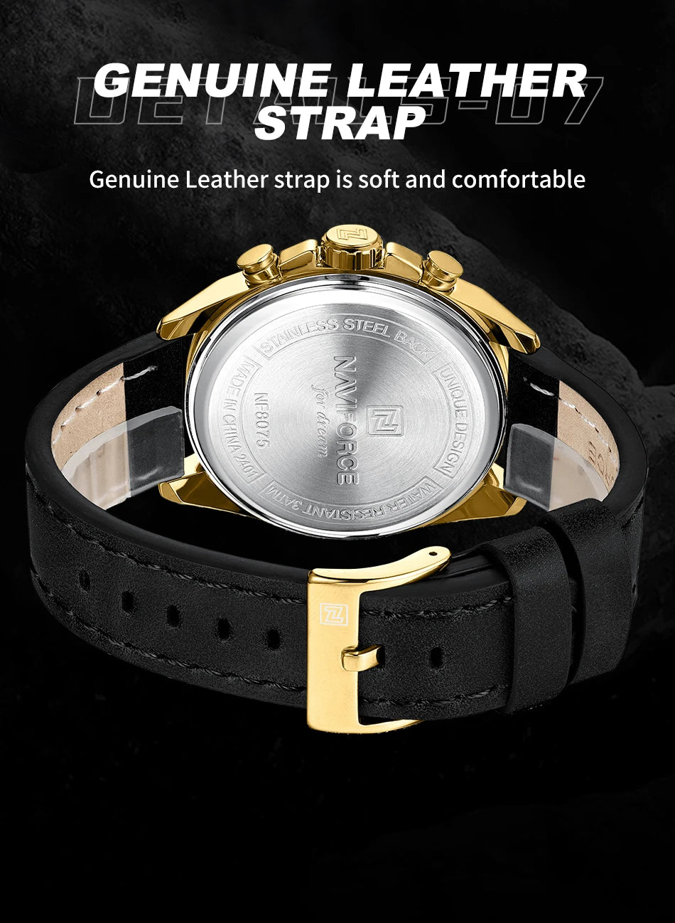 NAVIFORCE  Hands Wristwatches Genuine Leather Strap Alloy Case Casual Watches Dress Watch for Men Waterproof with Date Luminous