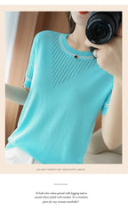 Women New Summer Short-sleeved Tees O-Neck Slim 100% Cotton Linen Hollow Pullover T-shirt Knitted Base Casual Sweater