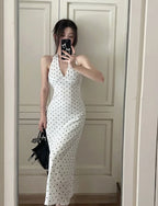 2024 Korean Style Open-back Halter Neck Dress Women's Summer Elegant Long Dress Waist-fitted A- line Skirt Sleeveless