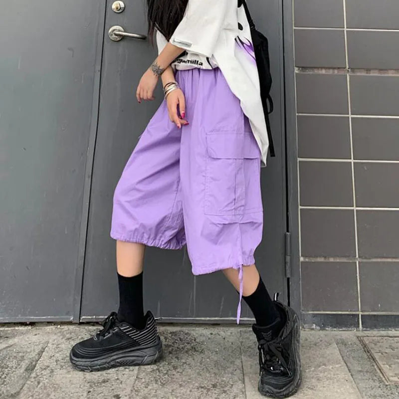 Zoki Streetwear Harajuku Oversize Bf Cargo Shorts Hip Hop Fashion High Waist Women Big Pockets Casual Shorts Summer Loose Shorts