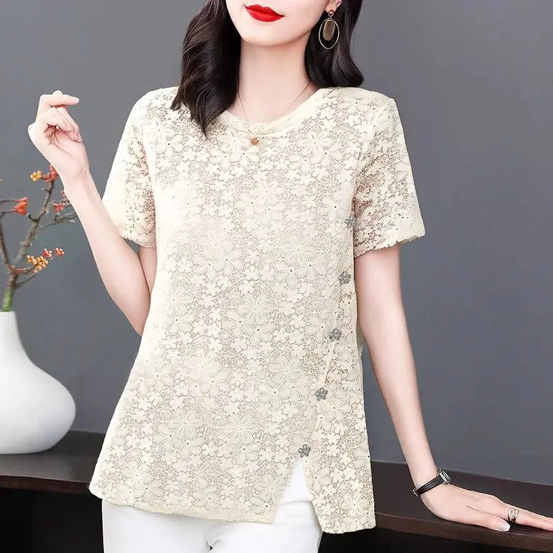 Lace Women's Summer New Fashion Stylish Short Sleeve T-Shirt Plus Size Design Sense Loose Slimming Top