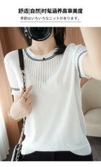 Women New Summer Short-sleeved Tees O-Neck Slim 100% Cotton Linen Hollow Pullover T-shirt Knitted Base Casual Sweater