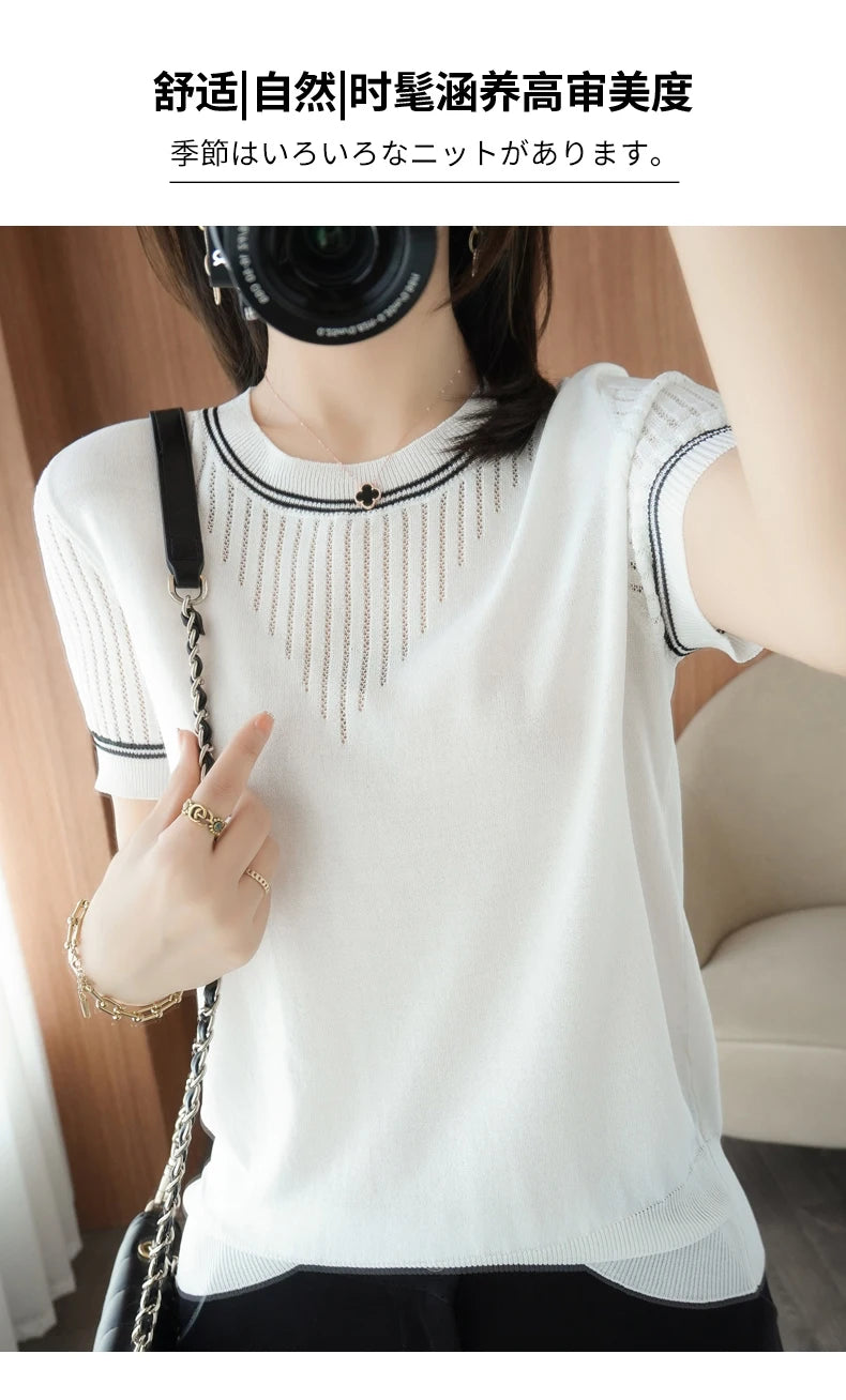 Women New Summer Short-sleeved Tees O-Neck Slim 100% Cotton Linen Hollow Pullover T-shirt Knitted Base Casual Sweater