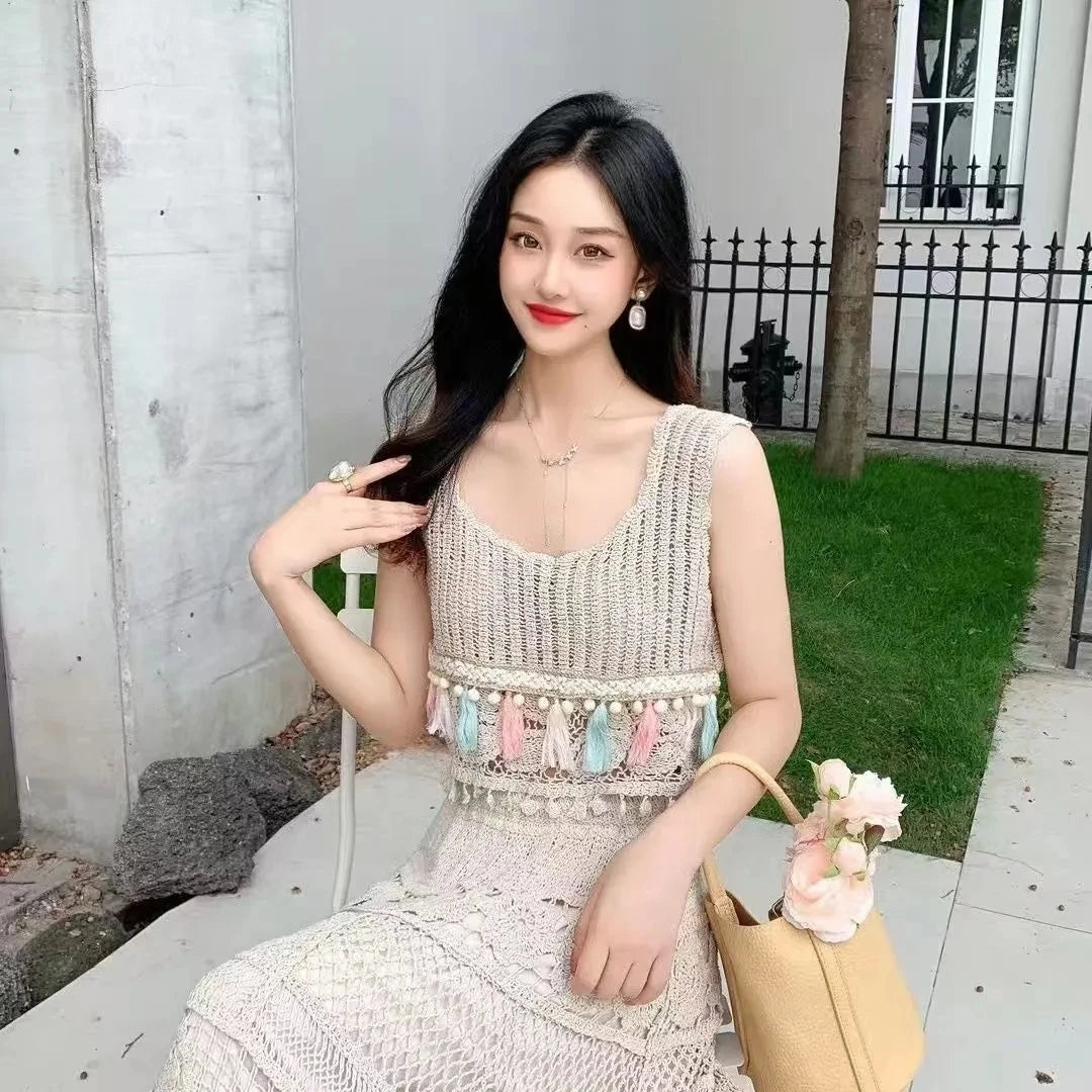Retro Hollow Knitted Crochet Women's Solid Color Skirt 2025 Summer Fashion Lace Patchwork Female High Waisted Skirt