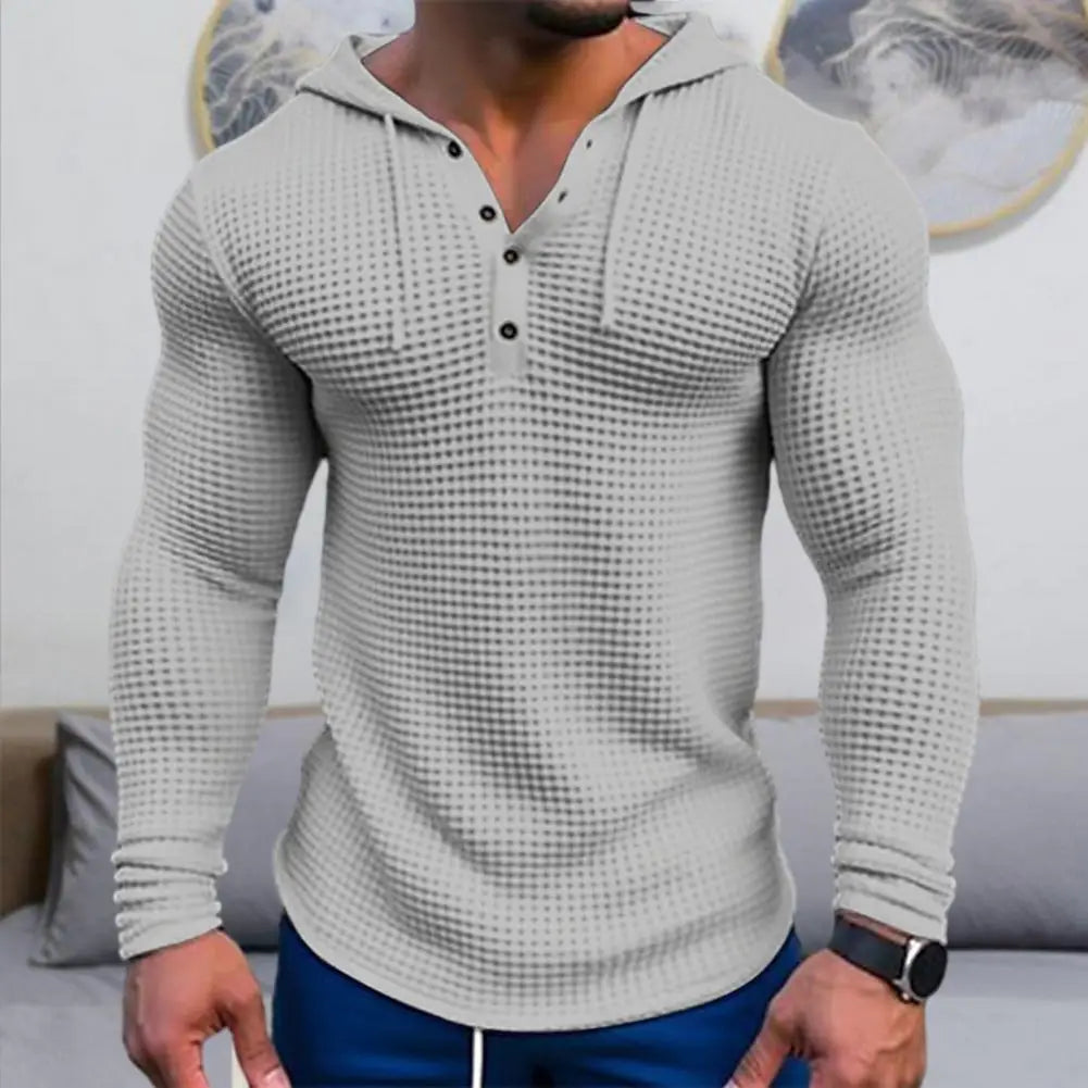 Spring Solid Color Slim Fit Long Sleeved T-shirt, Men's Hooded Breathable Sports Top, Waffle Cotton Casual Long Sleeved Shirt