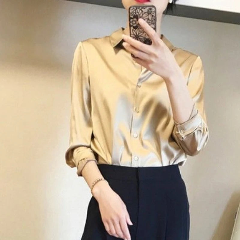 Comfortable Turn-down Collar All Seasons Women's Clothing 2023 Chiffon Trend All-match Korean Solid Color Long Sleeved Blouses