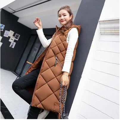 Women's Sleeveless Vest Long Down Padded Jacket Solid Color Hooded Loose Ladies Fashion Casual Warm Winter Jacket Vest Women