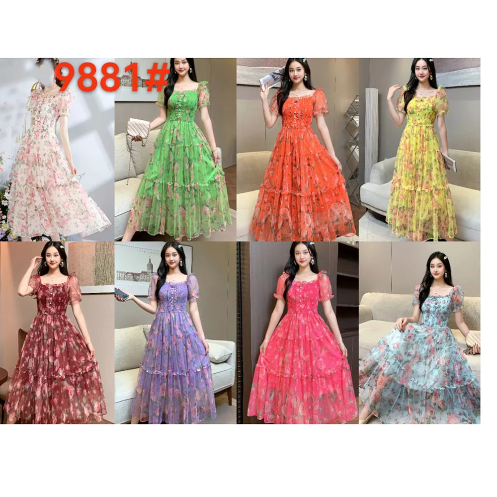 Summer Vintage French Mesh Dress for Women New Waist Cinched Slash Neck Bubble Sleeves Sweet Floral Chiffon Dress Female C146