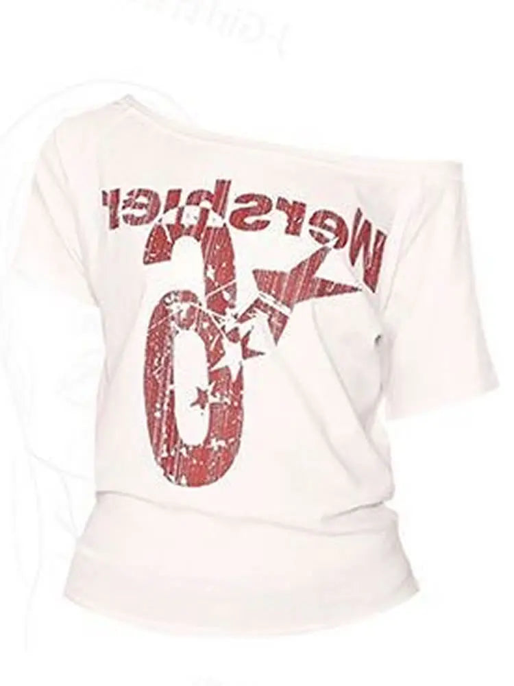 Y2k Women Vintage Streetwear Sport Short Sleeve Acubi Letter Print T-shirts Grunge Off Shoulder Spicy Tshirt Top Tee Alt Clothes