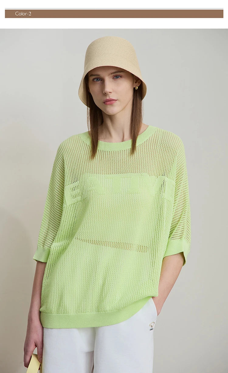 Amii Minimalist Women's Hollowed-out Knitted Pullover 2025 Summer New Half-sleeve Crew Neck Loose Blouse Thin Solid Top 12542139