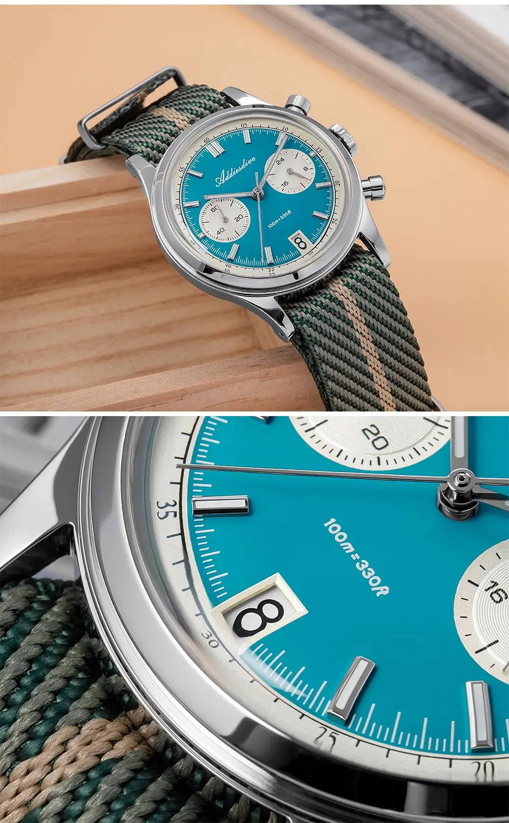 ADDIESDIVE AD2095 Watch of Men 60min Chronograph Quartz Wristwatch Bubble Mirror Glass Luminous Waterproof Men's Watches 38mm