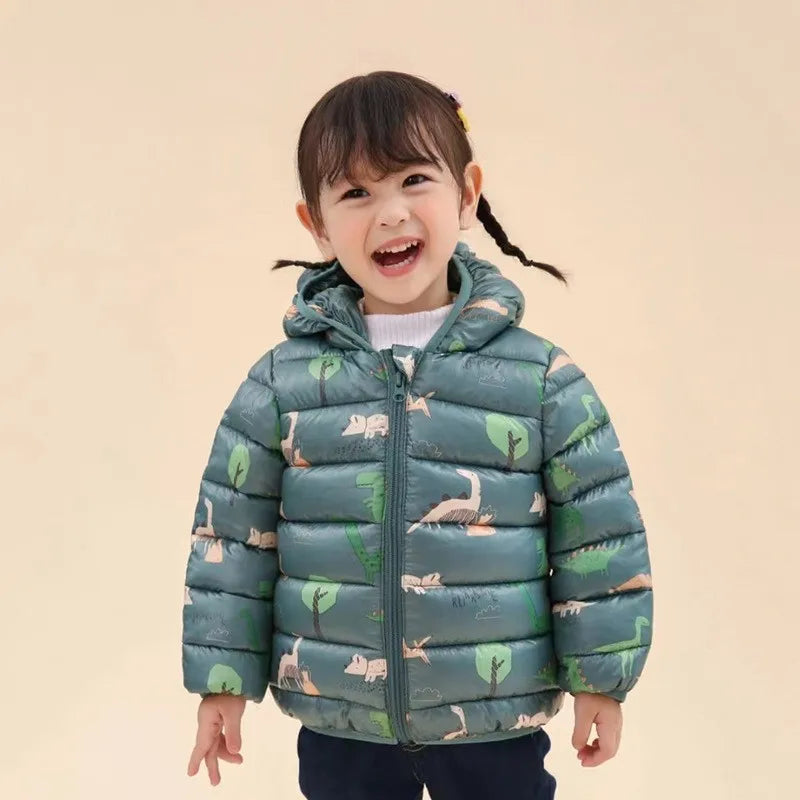 Children Boys Baby Hooded Lightweight Down Jackets Warm Outerwear Autumn Kids Girls Coats Cartoon Dinosaur Print Casual Clothing